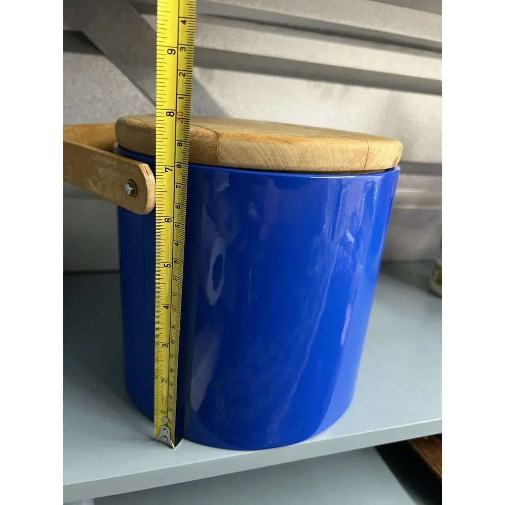 Vintage Georges Briard Blue Ice Bucket with Wood Handle & Lid Mid Century Modern